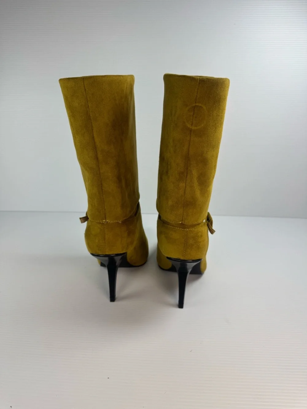 AKIRA Winding Olive Green Suede Pointed Toe Mid-Calf Boots Stiletto Heel Size 7 - Picture 3 of 6
